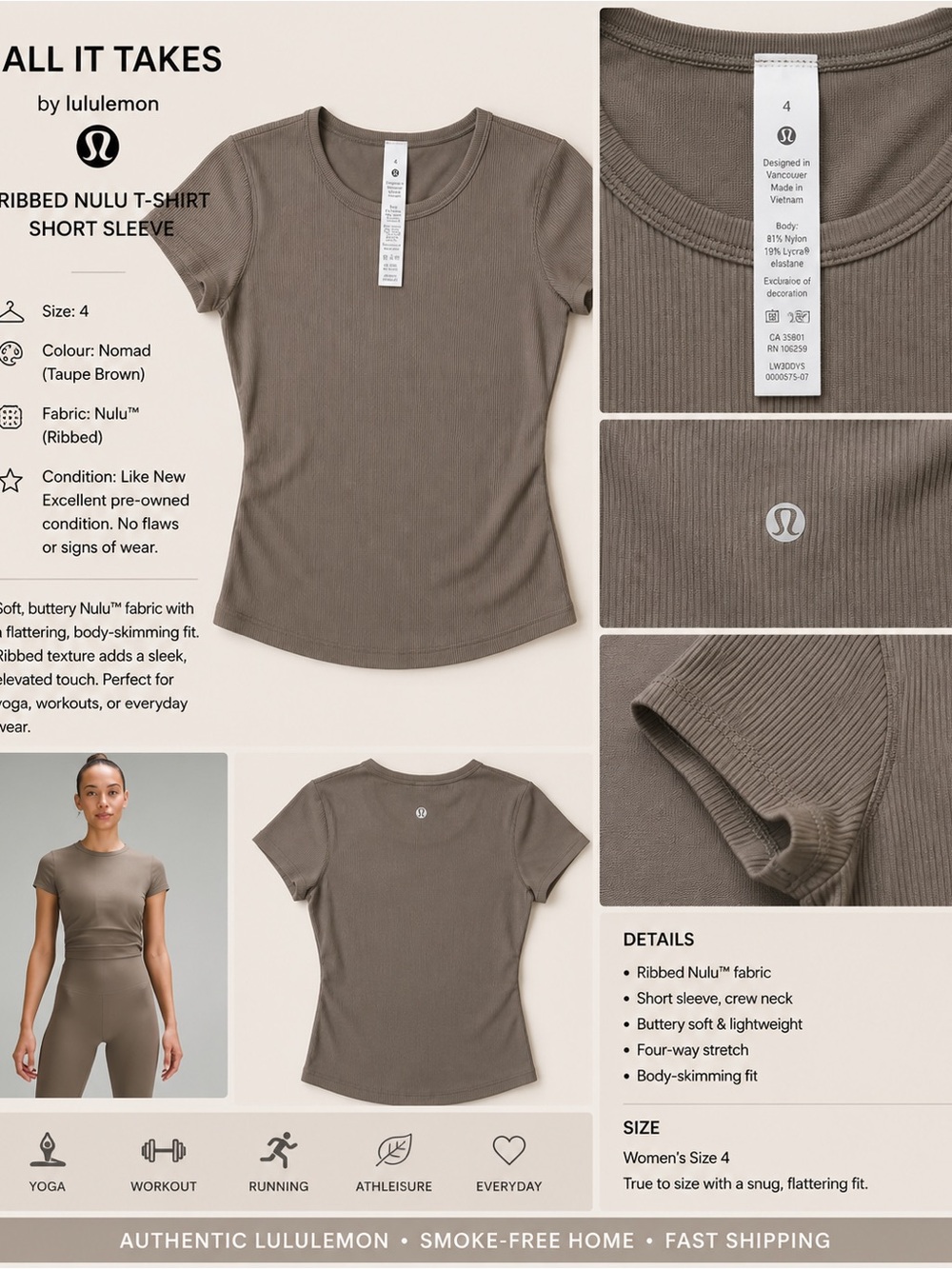 Lululemon Ribbed Ruched Side Short Sleeve /Nomad/ Size 4 - Picture 2 of 6